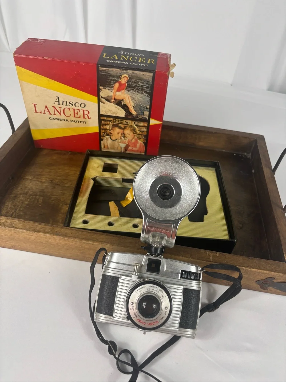 Vintage Ansco Lancer Camera Outfit w/ Flash & Original Box Untested 1950s